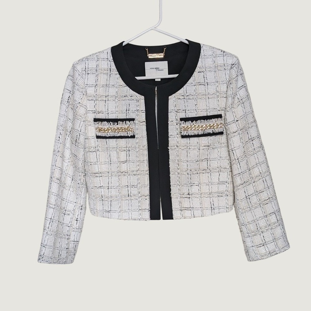 Vero Moda Classic Old Money White Black Tweed Cropped Jacket Medium